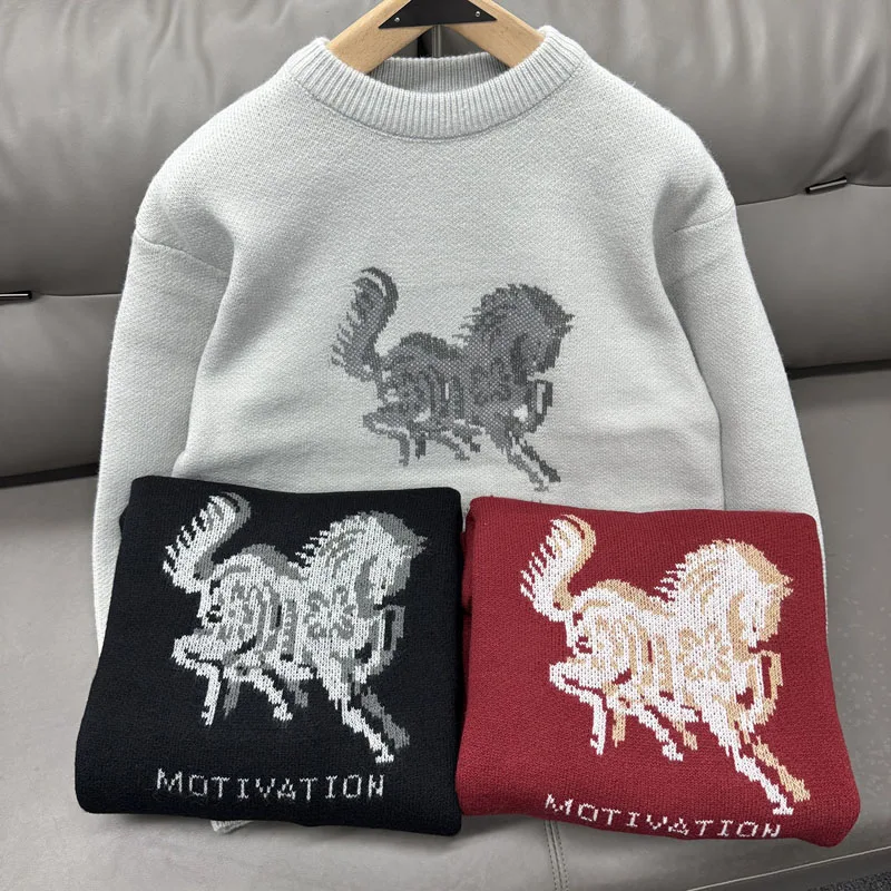 

Двойной жаккардовый вязаный свитер с круглым вырезом Ghosting Horse для мужчин и женщин, зимние унисекс, черные, красные, серые, свободные вязаные свитера, пуловеры