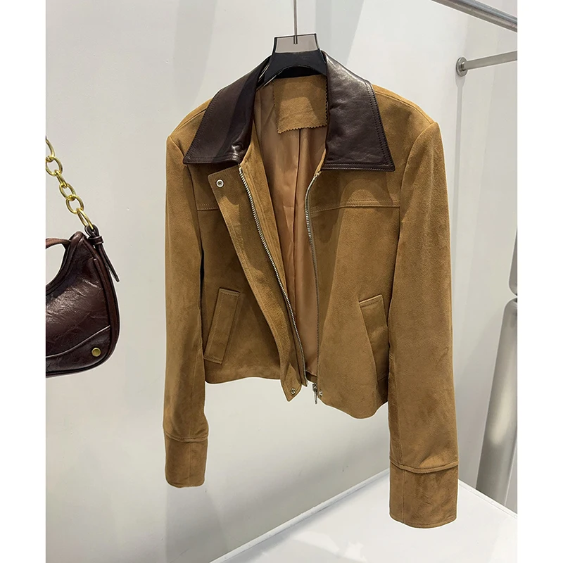 Vintage Women\'s Coat High Quality Sheepskin Contrast Color Stitching Suede Jacket Lapel ZIpper Short Slim Veste En Cuire Femme