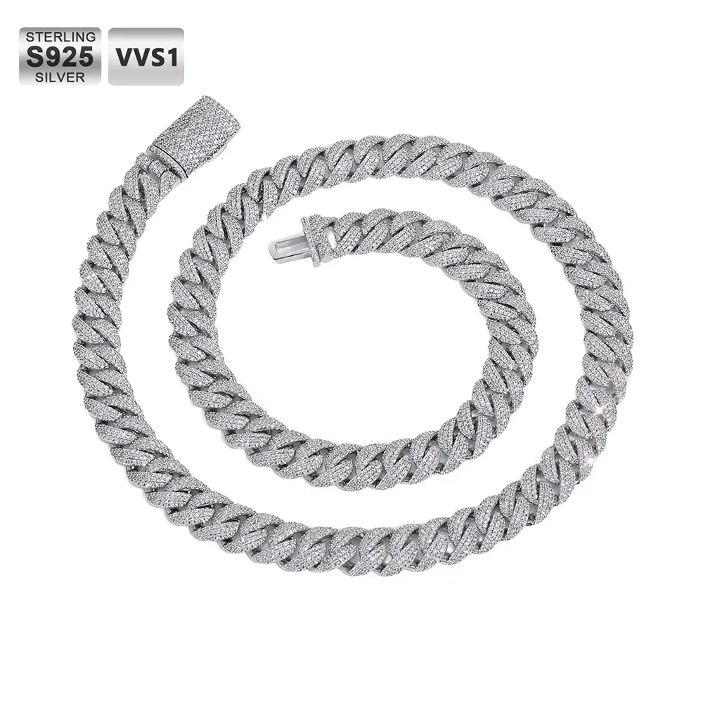 Cadena cubana Miami con incrustaciones de moissanita Riviere VVS1, plata de ley S925, certificada por GRA, collar hip hop para hombre y mujer
