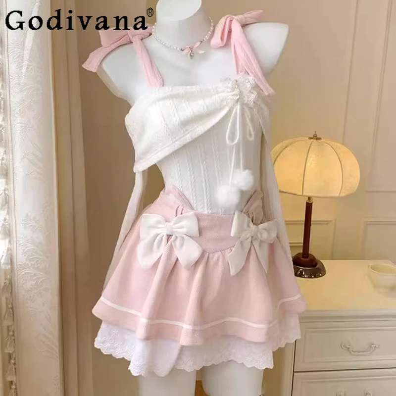 

Pink Lolita Skirt Set for Women Autumn New Sweet Cute Bow Off Shoulder Top and Lace Skirt Suits Female Japanese Style Outfits