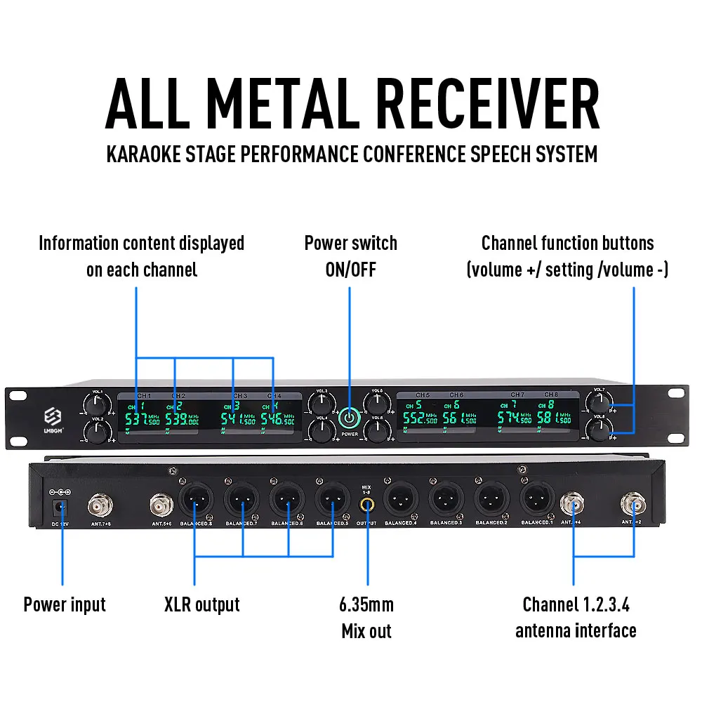 

LMBGM K26R Pro UHF Wireless 8-Channel Bodypack Headset Microphone System 164Ft Range For Stage, Church, Performance, Wedding