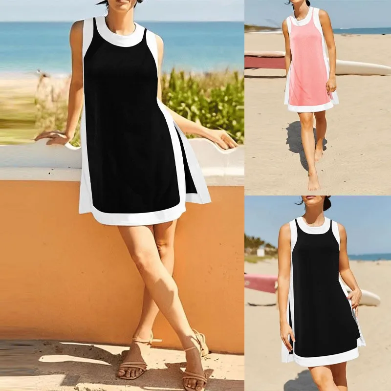 

Женский комплект из двух предметов контрастного цвета: топ без рукавов с эффектом двухслойности и кюлоты, свободный и удобный повседневный костюм с боковыми карманами на молнии.