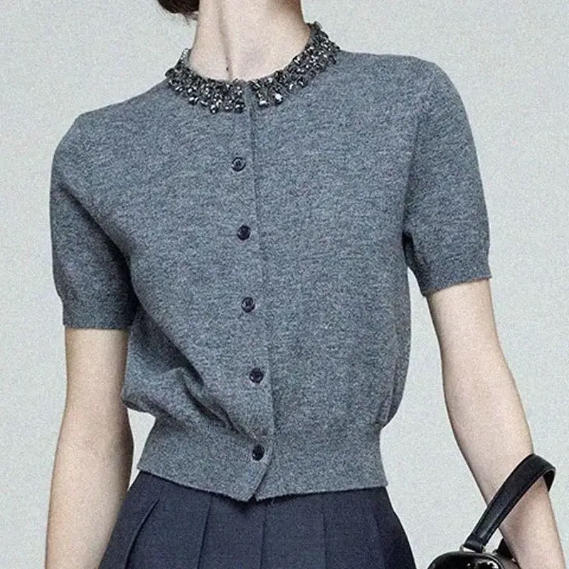 diamond round neck knitted cardigan women's gray thin short-sleeved T-shirt summer ice silk foreign style shirt