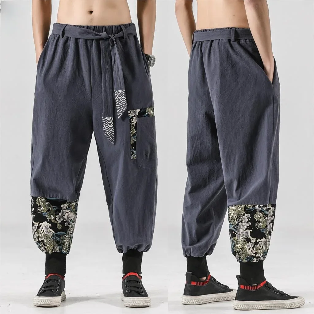 Japanese kimono Men Cotton Linen Samurai Costume Print Belt Retro  Pants Haori Loose Trousers Hip Hop pants