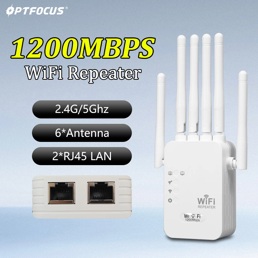 

Усилитель Wi-Fi OPTFOCUS 1200 Мбит/с, 2 порта LAN RJ45, беспроводной ретранслятор, усилитель сигнала, 2,4G/5G, 6 антенн, Wi-Fi роутер
