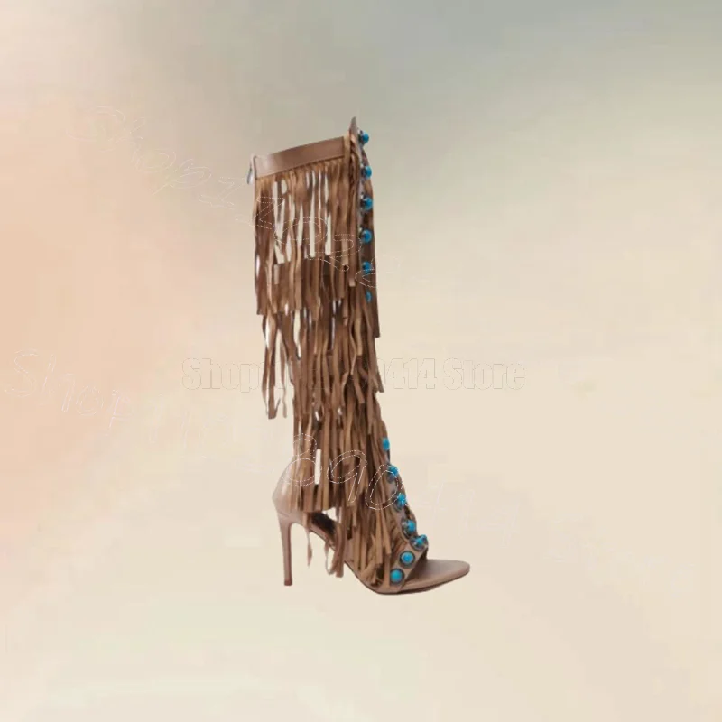 

Metal Beads Decor Beige Tassels Sandals Boots Back Zipper Women Shoes Thin High Heels New Party Dating 2025 Zapatos Para Mujere