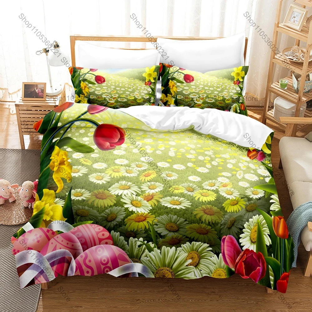Cool Easter Spring Cute Rabbit Colorful Easter Eggs Tulip Pastoral HD Print Bedding Set Duvet Cover + 2 Pillowcases Spring Room