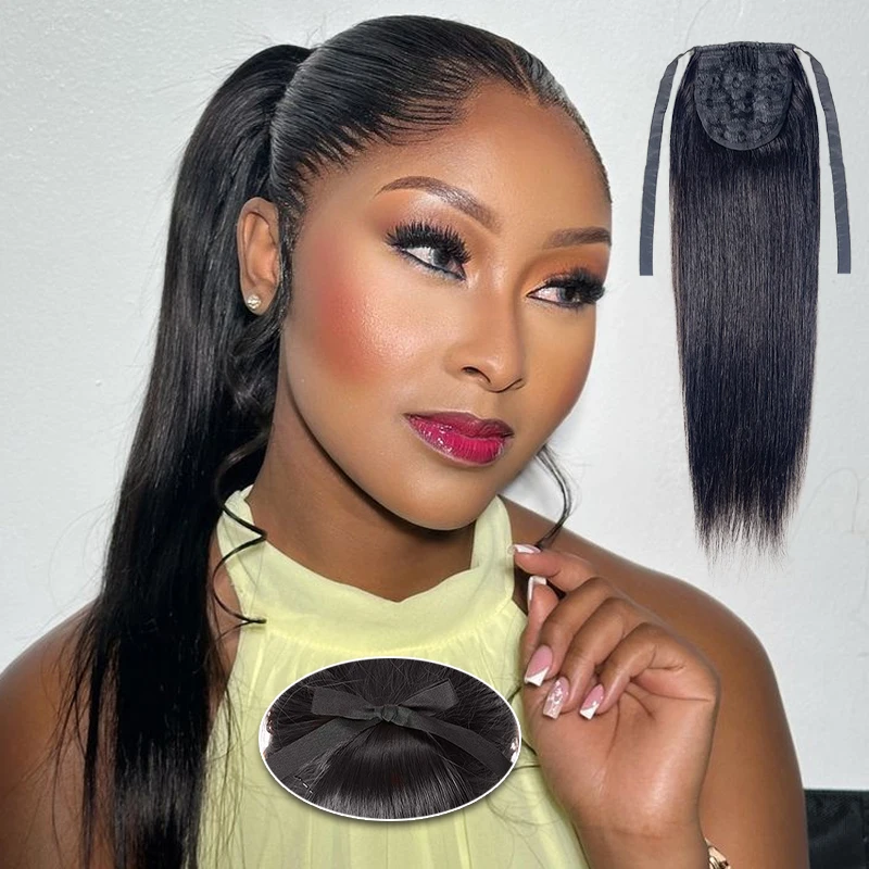 

Накладной хвост-шиньон 20 дюймов, прямой, на ленте, 100% натуральные человеческие волосы, мягкий, для женщин, на застежке