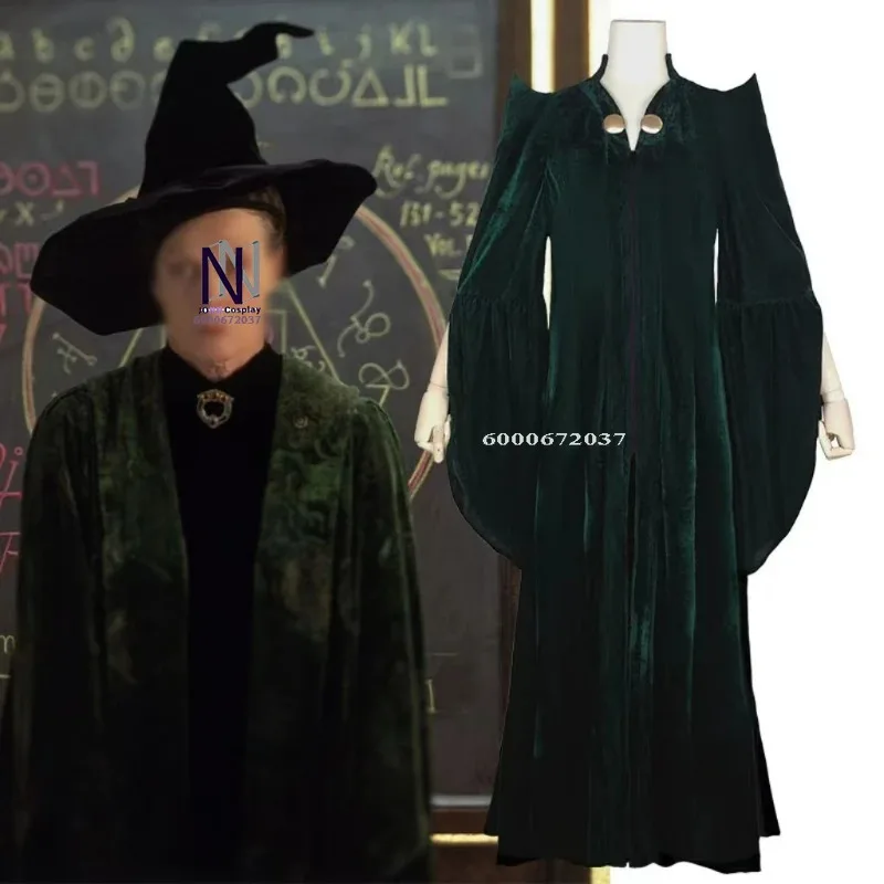 

Minerva McGonagall Cosplay Costume - School of Witchcraft Professor Green Velvet Cloak Robe for Halloween