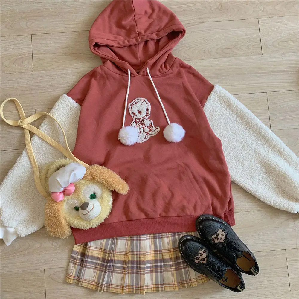 Women Cartoon Embroidery Hoodies Kawaii Burgundy Sprot Sweatshirts Y2K Winter Vintage Oversized Warm LambWool Patchwork Hoodies