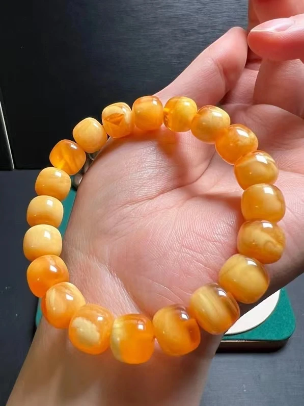 Natural Yellow Amber Gemstone Barrel Beads Bracelet 10mm Women Men Healing Stretch Amber Jewelry AAAAAA