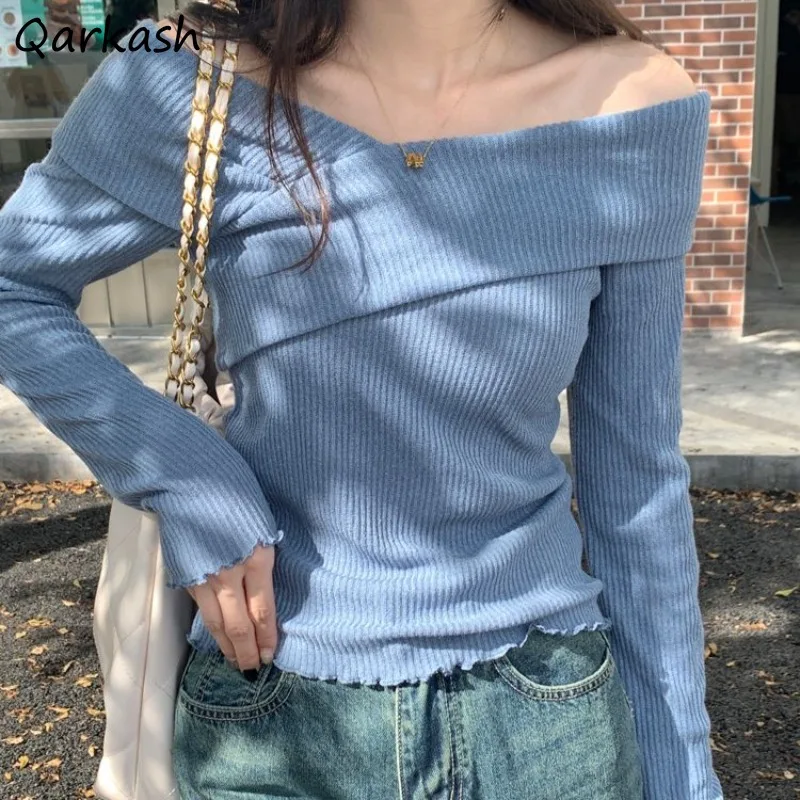 

Pullovers Women Autumn Slash Neck Off Shoulder Slimming Solid Simple Fungus All-match Casual Graceful Gentle Sweet Female Daily