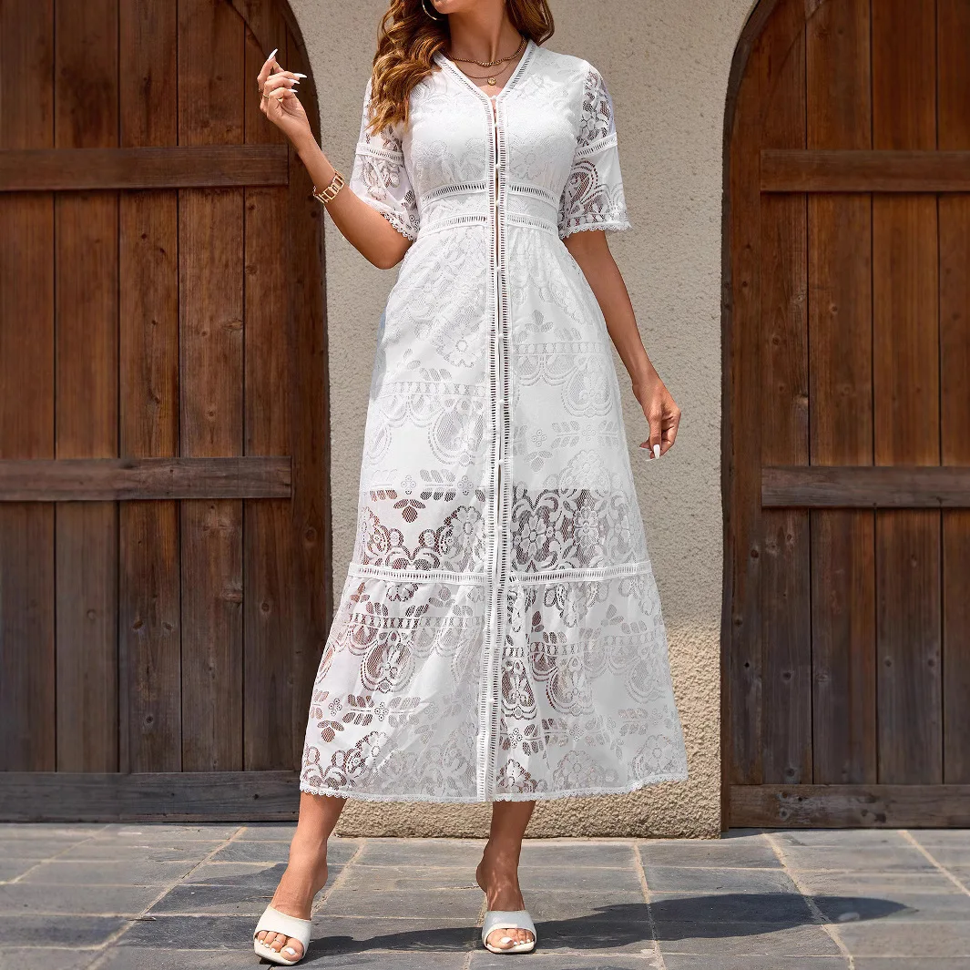 

Lace Embroidered Beach Hoodie Vacation Long Skirt Beach Vacation Cardigan Dress Elegant 2025 Dress Robe Vestido Women Party