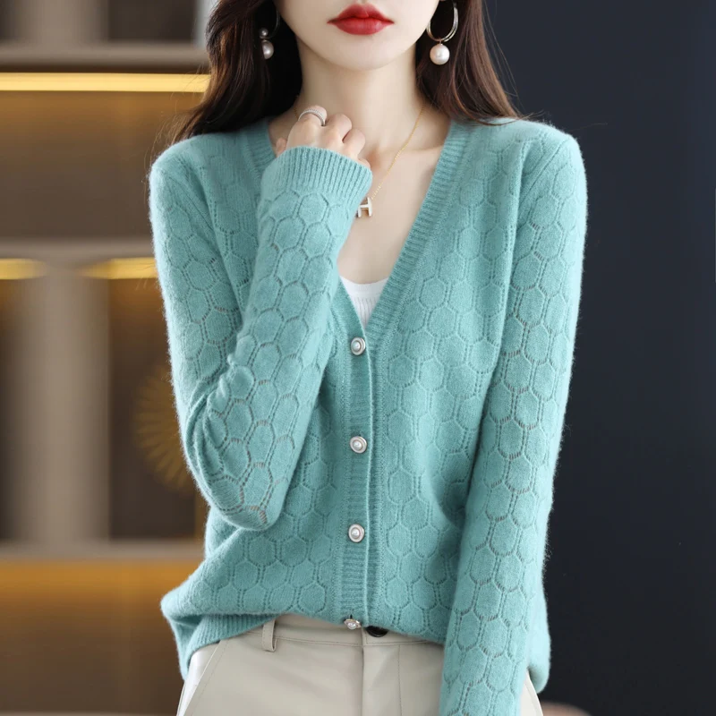 DjzDsm 100% Pure Woolen Sweater Autumn Snd Winter New Hollowed Out Women\'s Fashion Cardigan V-Neck Casual Knitted Wool Top