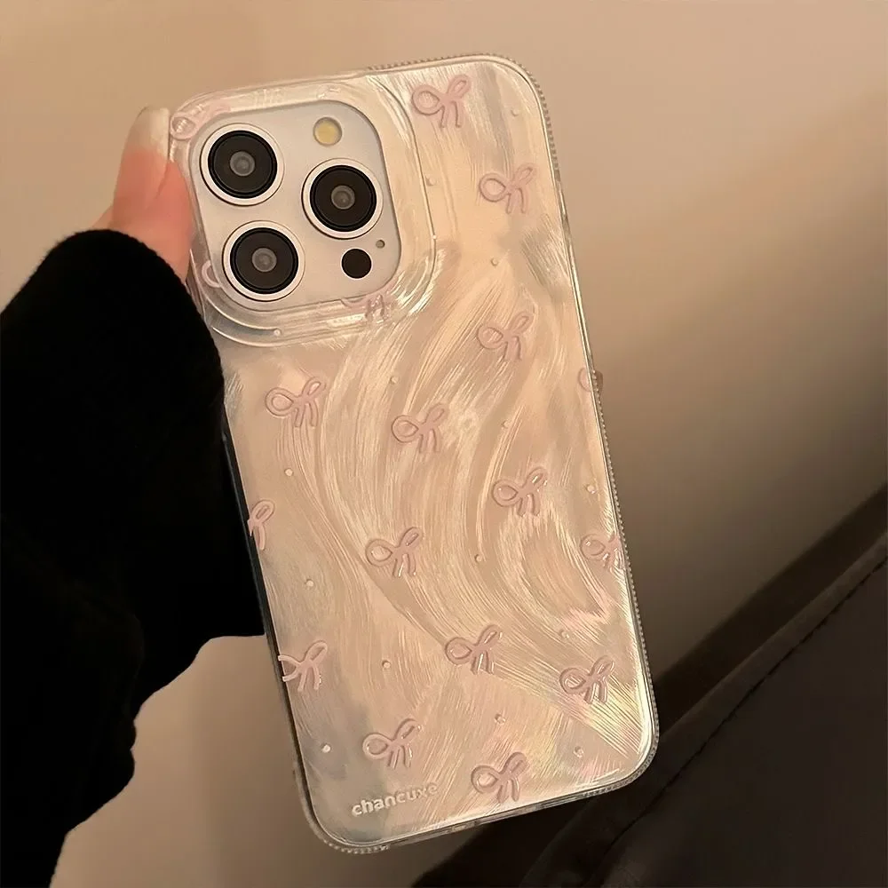 Ins Pink bow tie Phone Case For iPhone16Pro Max15 14 13 12 11 XR XS Max78Y2K Light luxury Feather gauzeSoft anti fall Phone Case