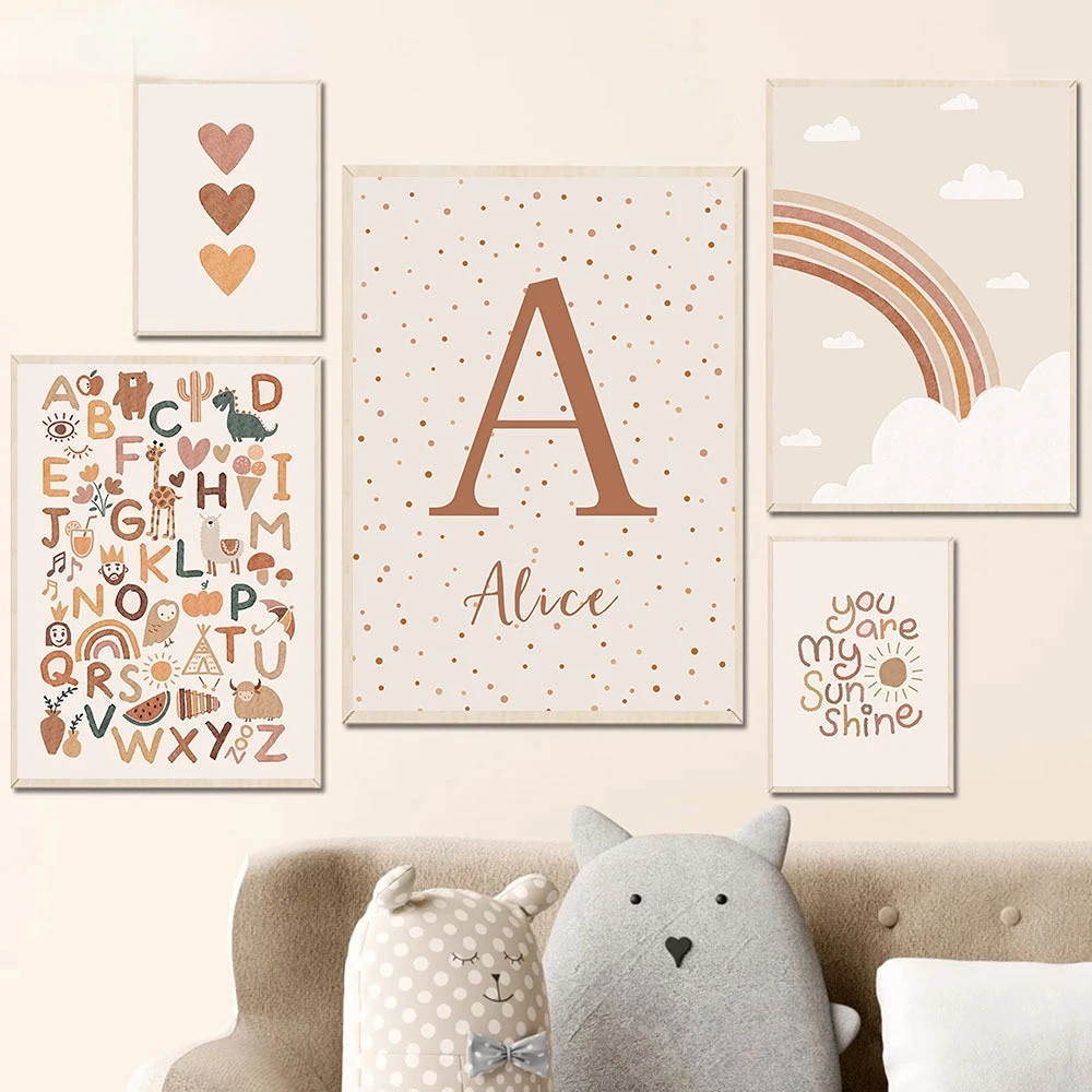 ABC Poster Boho Wall Art Prints Heart Rainbow Nursery Posters Alphabet Art Painting Nordic Wall Pictures Girl Room Decoration