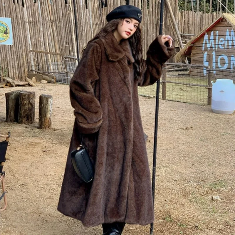 Winter Vintage Brown Lapel Mink Faux Fur Coat CHIC Women Full Sleeve Loose Warm Below Knee Maxi Long Jacket Coat