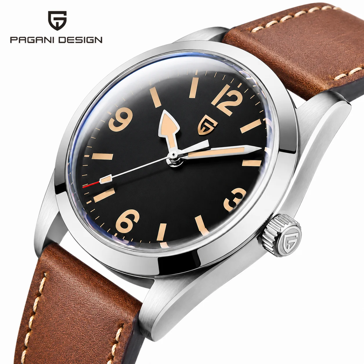 PAGANI DESIGN Herren Automatische Mechanische Uhr MIYOTA 8215 Saphir Leuchtendes Lederarmband 36mm Klassische Feldarmbanduhr