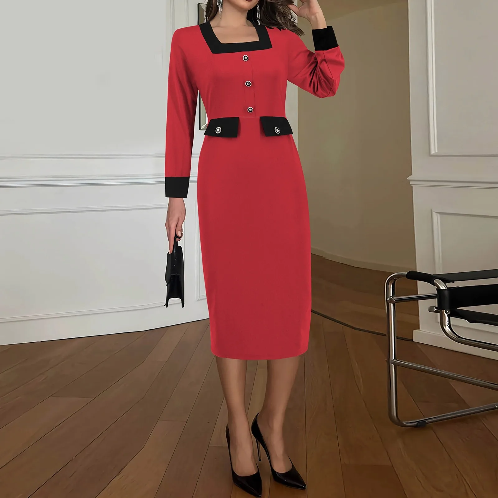 

Women'S Small Fragrance Square Neck Dress Long Sleeve Waist Slim-Fit Dress Professional OL Skirt Fashion Beautiful Dress