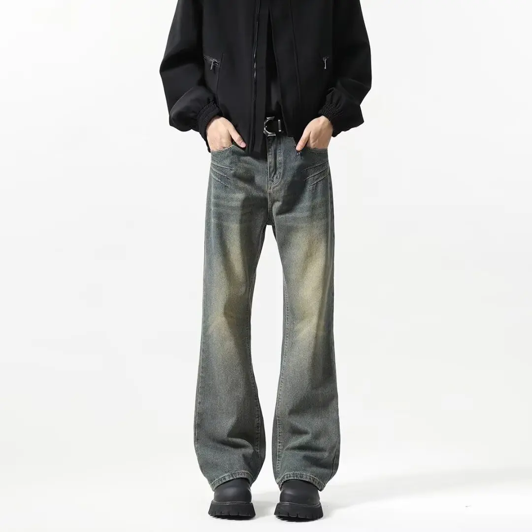 الرجعية الأمريكية Sle الرجال الجينز مستقيم الساق فضفاضة تناسب السراويل الطويلة ربيع الخريف Faionable Waed خارج ملابس غير رسمية