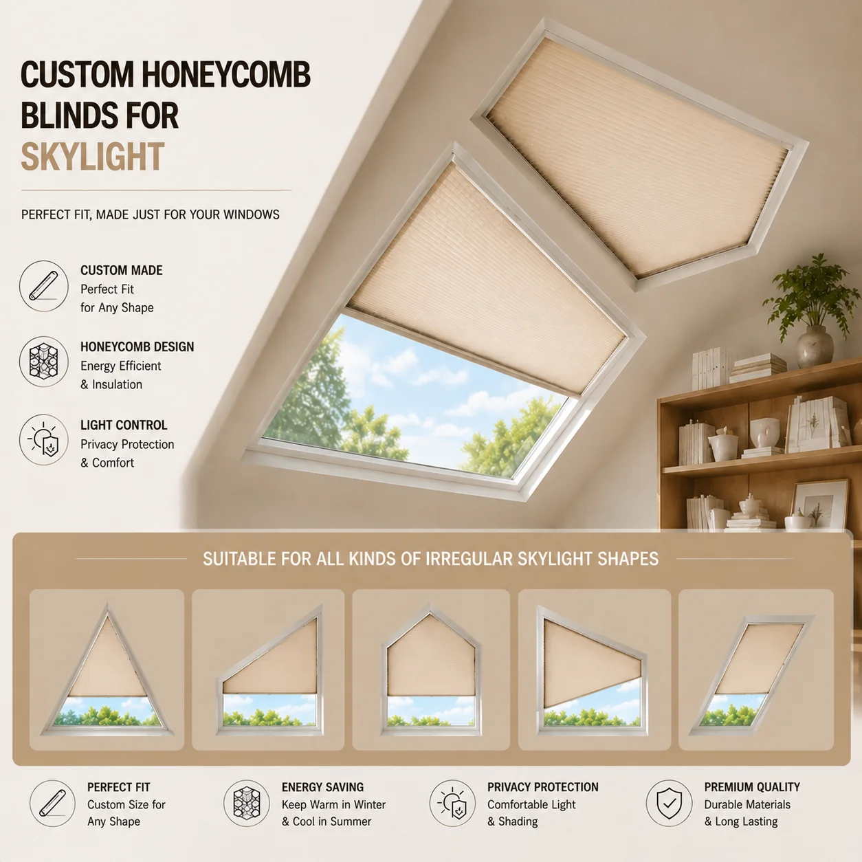 Custom Skylight Blackout Honeycomb Blinds Manual Cellular Blind  Double Cells Shades for Regular or Irregular Windows
