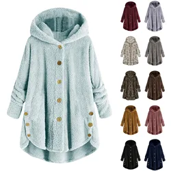 Women Plus Size Button Plush Tops Hooded Loose Cardigan Wool Coat Winter Jacket Winter Clothes Women 2024 Abbigliamento Donna