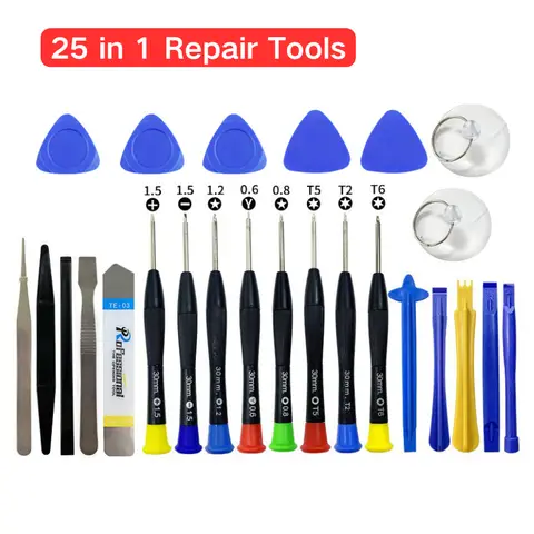 Kit de herramientas de reparación de teléfono y portátil 25 en 1, juego de destornilladores de precisión, herramientas de palanca, ventosas para mantenimiento de iPhone, Samsung, Xiaomi y PC