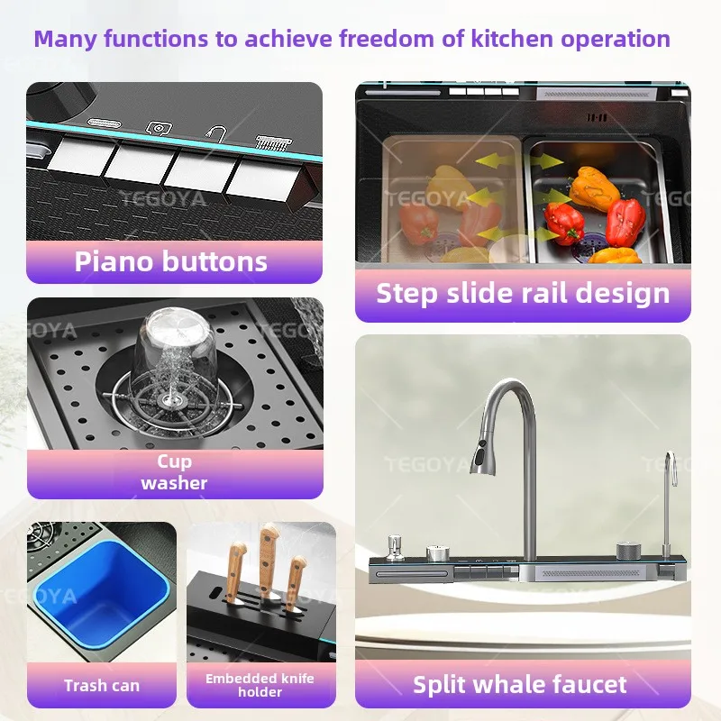 디지털 디스플레이 수도꼭지 쓰레기통 304 스테인레스 스틸 대형 폭포 단일 그릇 주방 싱크대 나노 표면