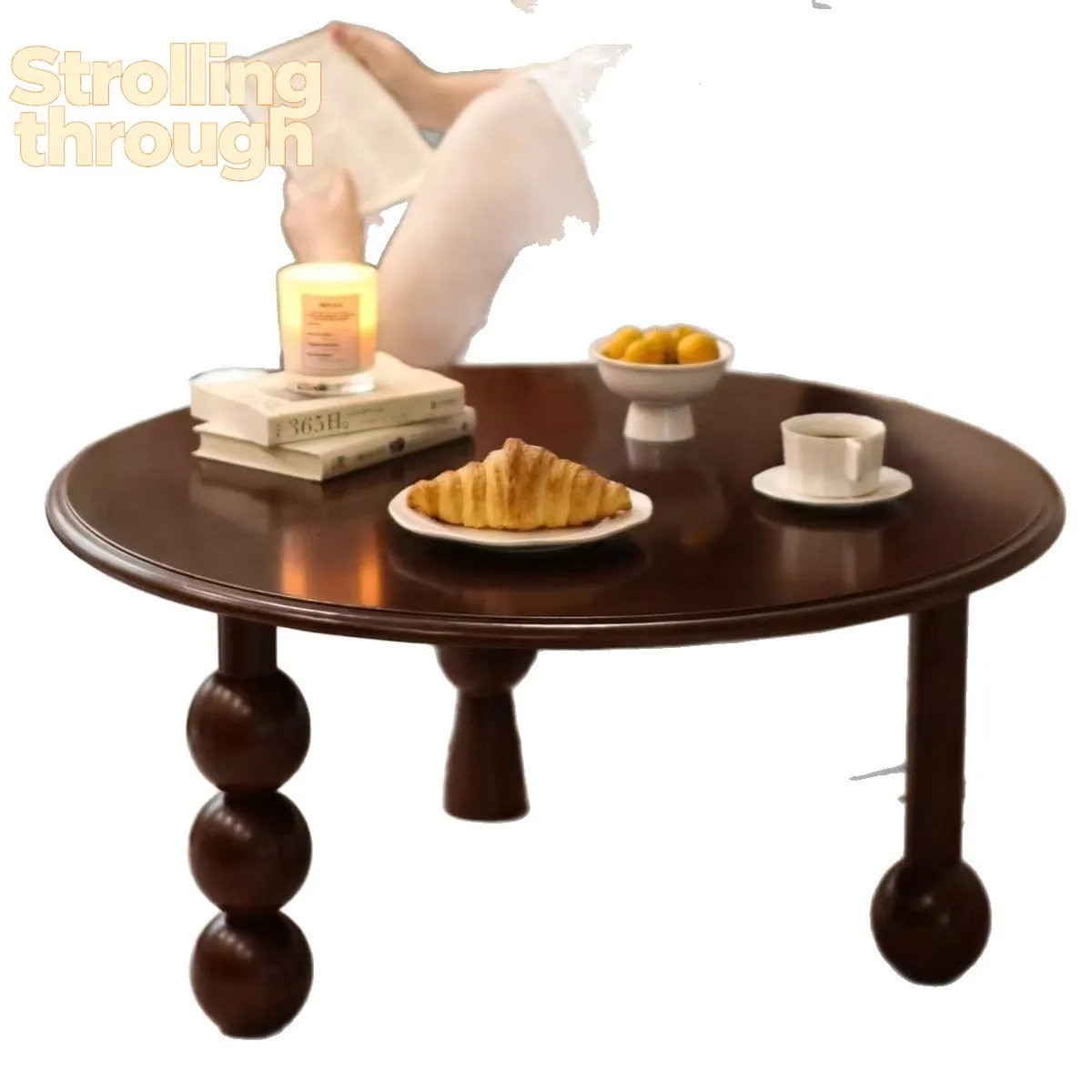 

French-style Chinese antique small coffee table sofa side living room small table movable solid wood round mini apartment