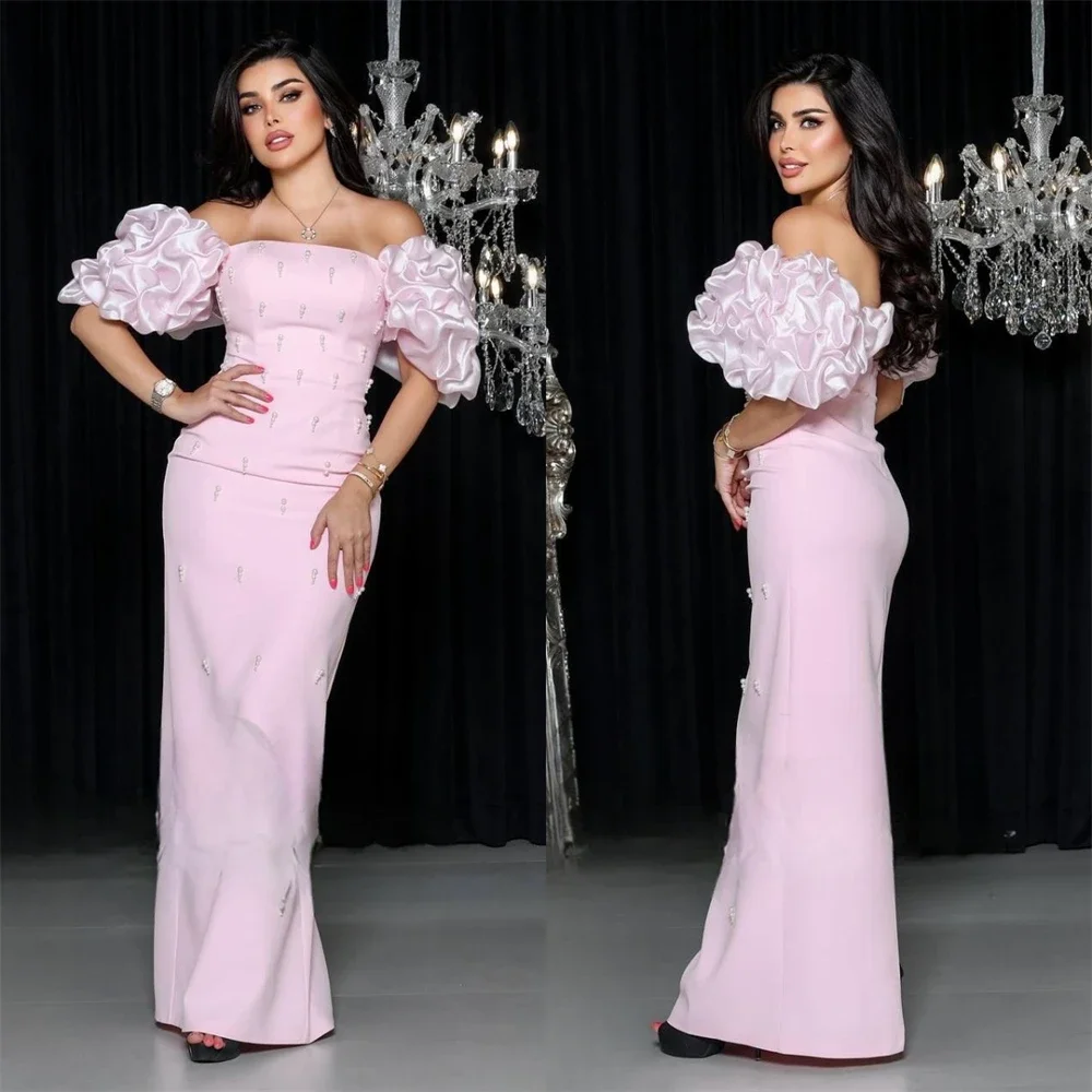 Customized Prom Gown Formal Evening Dress Off-the-shoulder Column Floor Length Open Back Skirts Bead 3D Flower Bespoke Occasion