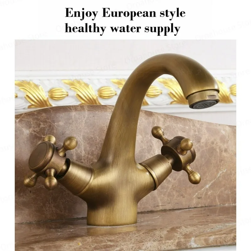 Antique Brass  Faucet Bathroom Basin Faucet Two Handles Washbasin Taps Hot Cold Water  Deck Mounted  Kitchen Toilet Water Tap