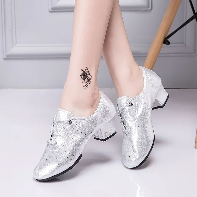

Teacher latin dance shoes women professional women leather soft bottom dance shoes middle heels standard waltz dance shoes Jazz