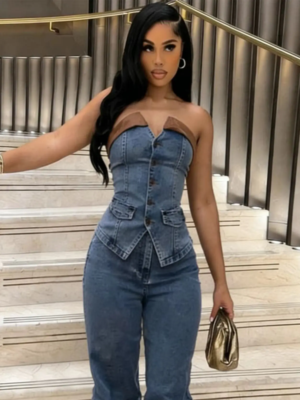 

Cutenew джинсовый комплект из 2 предметов, женский гарячий топ без бретелек в стиле пэчворк, однобортный топ + брюки, одинаковые обтягивающие уличные клубные костюмы в стиле хип-хоп