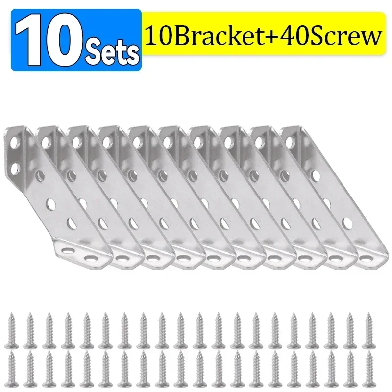 10 sets Corner Brackets Stainless Steel Furniture Angle Shelf Connector Cabinet Support Fixing Frame Corner Brace with Screw