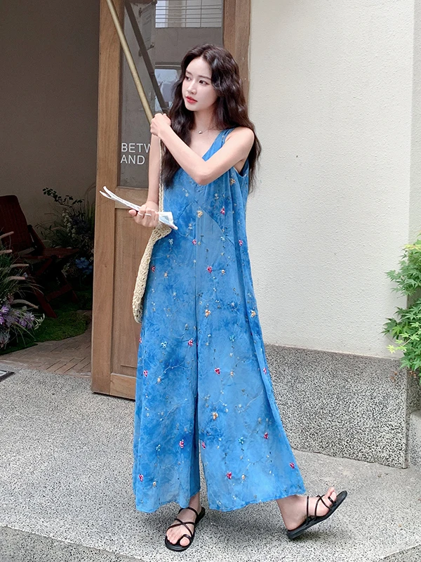 

Blue Floral Print Svel High Waist Wide Leg Jumpsuit Women's Summer Slimming Long Pants Comfortable Casual Straight Cut