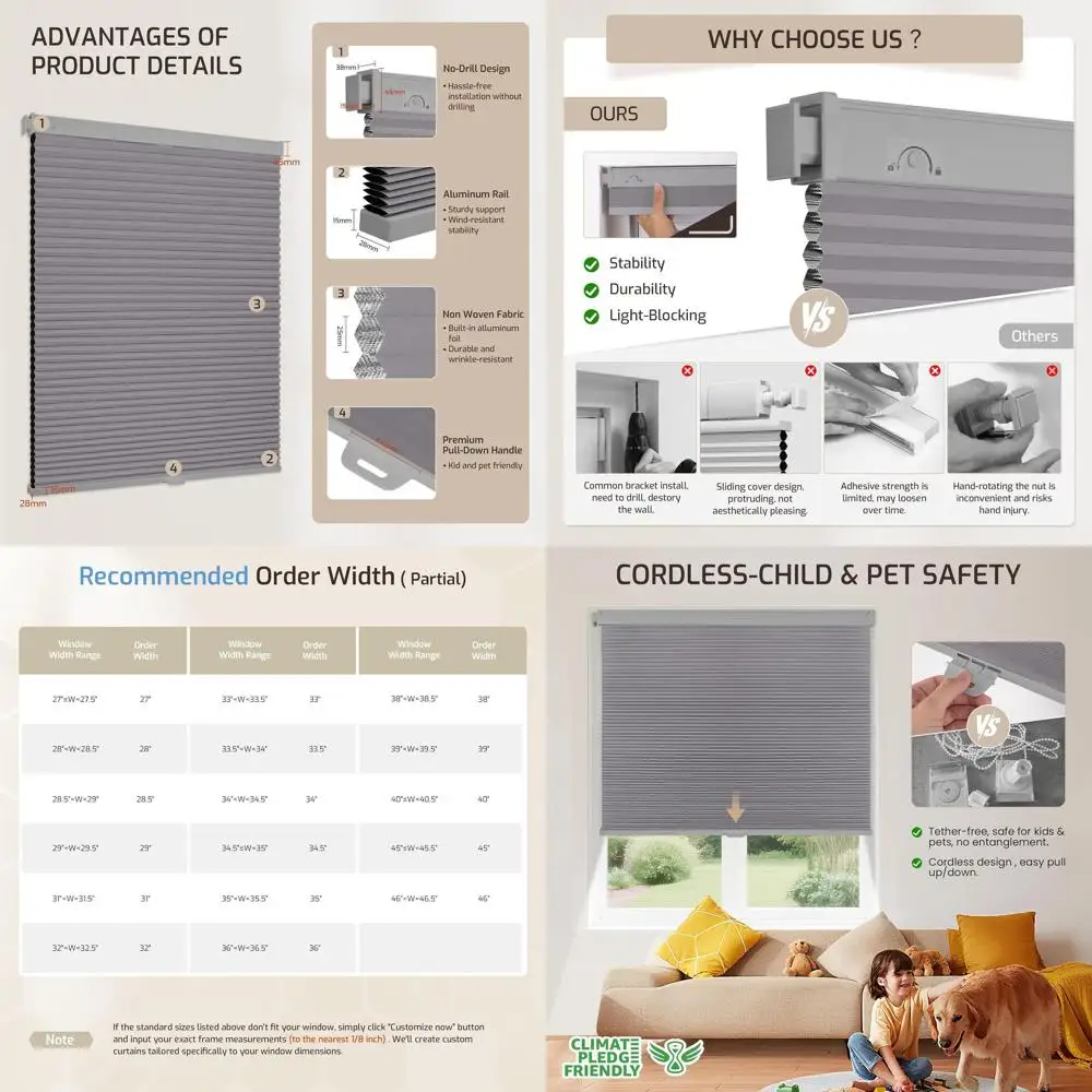 

Cordless Blackout Honeycomb Shades, 34 to 64, Thermal Insulation, Noise Reduction, Grey-White