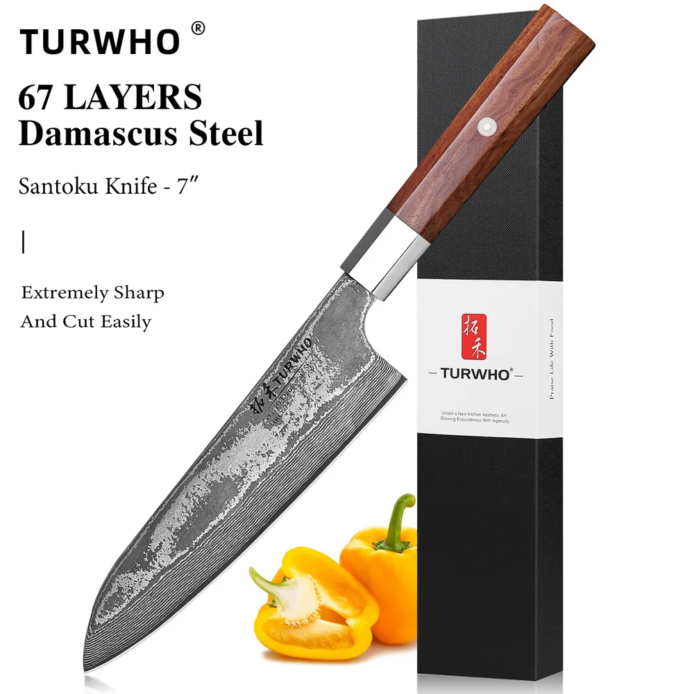 TURWHO 7-inch Japanese Santoku Knife 67 Layer Damascus Steel Kitchen Chef Knives Sharp Slicer Cleaver Hand Forged Cooking Tools