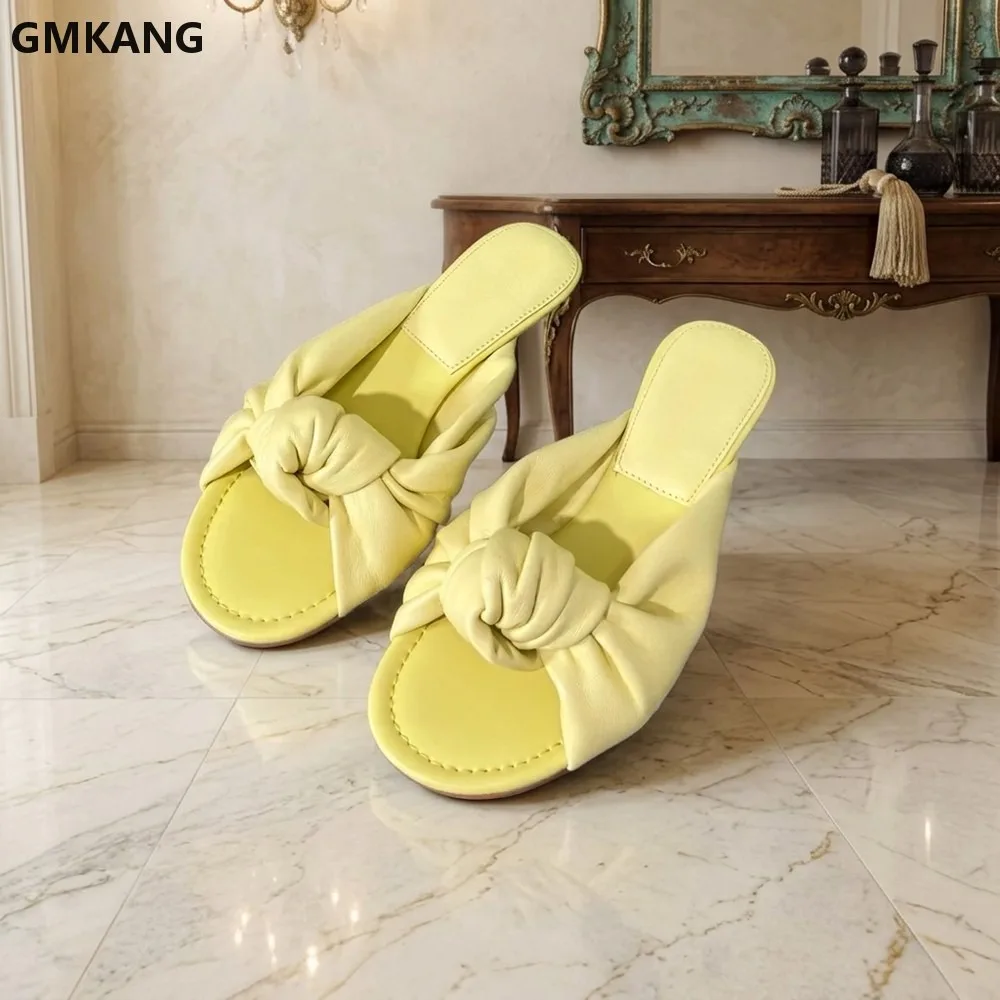 Knot Front Slide Sandals Women Open Toe Slip On Summer Casual Flat Beach Shoes Comfort Soft Sole Chunky Heel Espadrilles