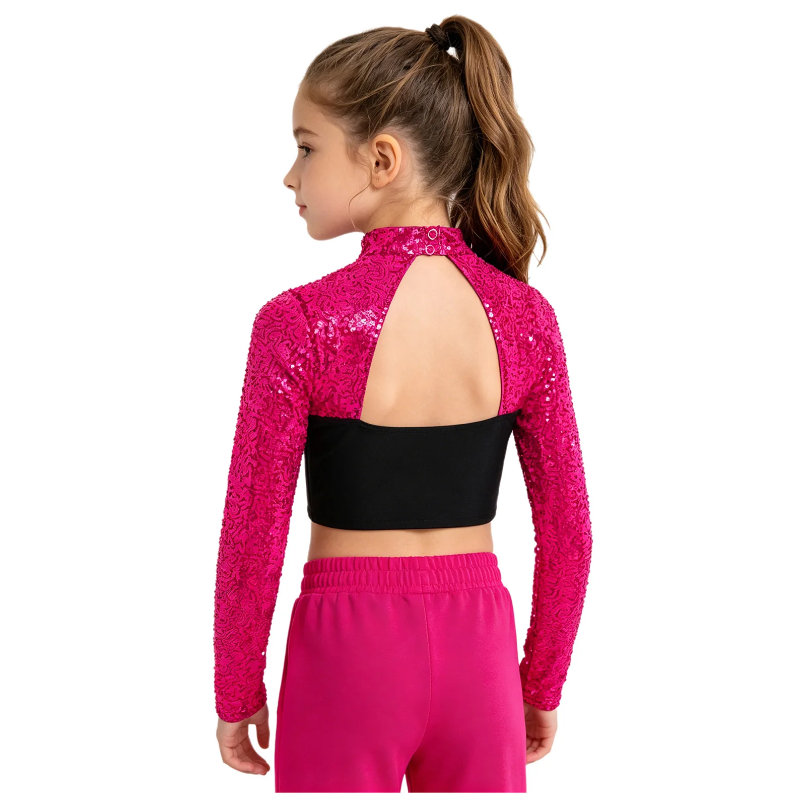 Kids Girls Jazz Modern Dance Tops Ballet Figure Skating Gymnastics Costume Long Sleeve Sparkly Sequin Rhinestones Crop Top Shirt