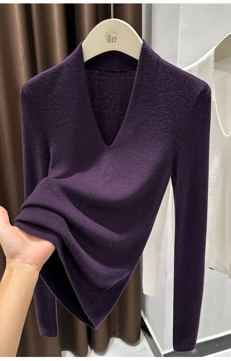 AOSSVIAO Herbst Winter Schwarzer Damen-Pullover mit V-Ausschnitt, langärmelig, schmale Passform, weicher Strickpullover, weiche, vielseitige Basic-Layering-Tops – Detail 15