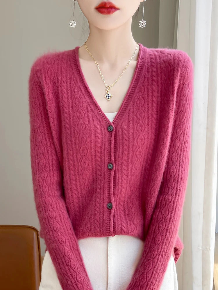 Women's V-neck Cardigan Autumn Winter Sweater Solid 100% Merino Wool Knitwear Long Sleeve Fashion Vintage Cashmere Clothing Tops