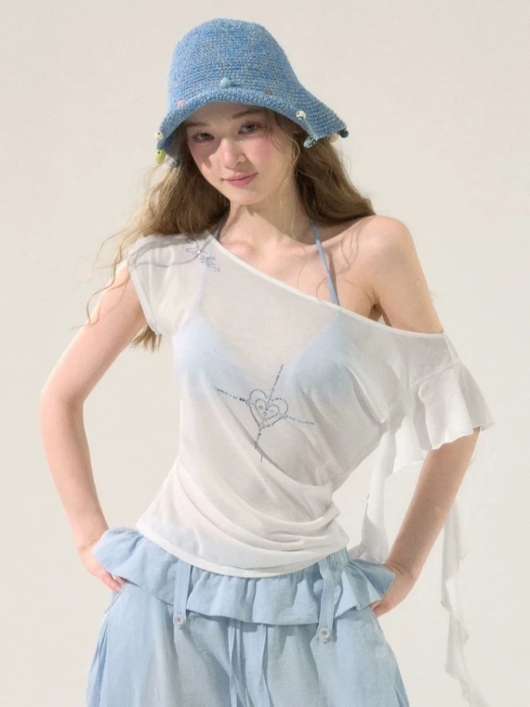 2026 Women Clothing Sexy T Shirts Fashion Korean Tees Casual Summer Camisetas Y2k Tops Ruffles Skew Collar See Through T-shirts