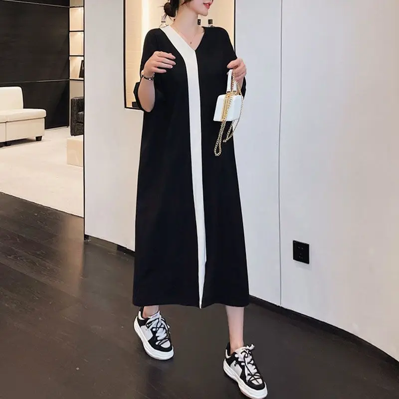 

Oversized Women Clothing Simplicity Patchwork V-neck Short Sleeve Tshirt Dress 2024 New Summer Casual Korean Loose Midi Dress