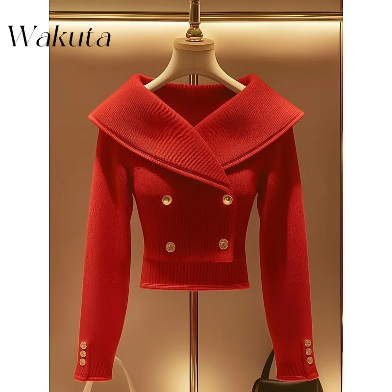 WAKUTA Fall Elegant Lapel Long Sleeve Inner Knit Sweaters Design Sense Niche Premium Sense Little Chant Pullovers Кофта Женская