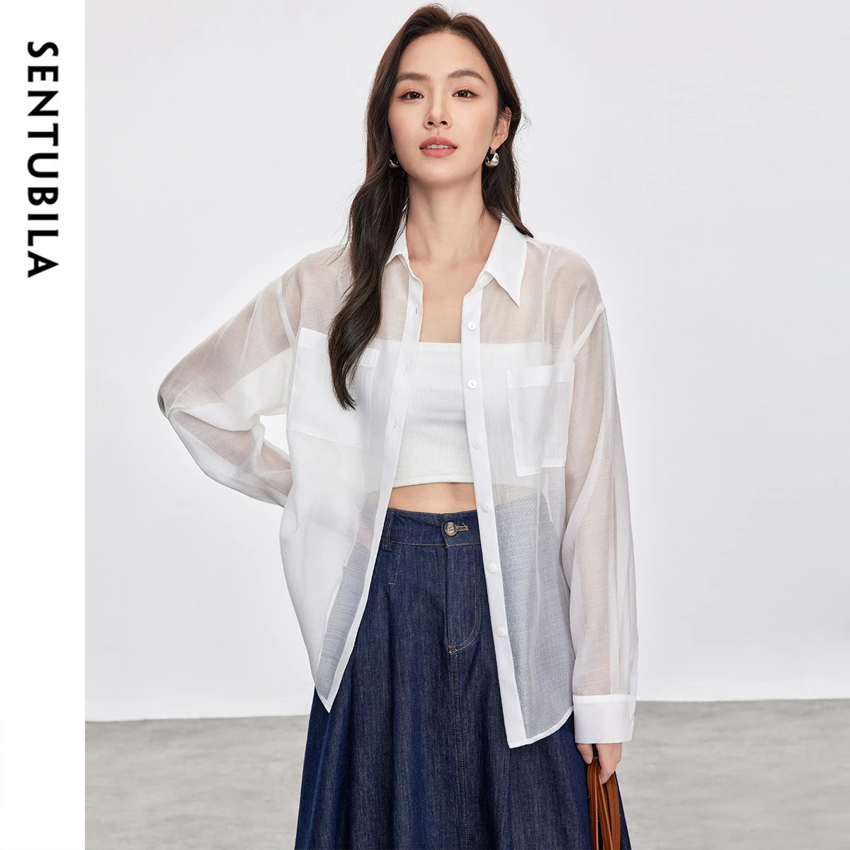 SENTUBILA Elegant Solid Color Women's Shirt 2025 Summer Commute Lapel Drop Sleeve Side Slit Single Breasted Blouses 152C80171