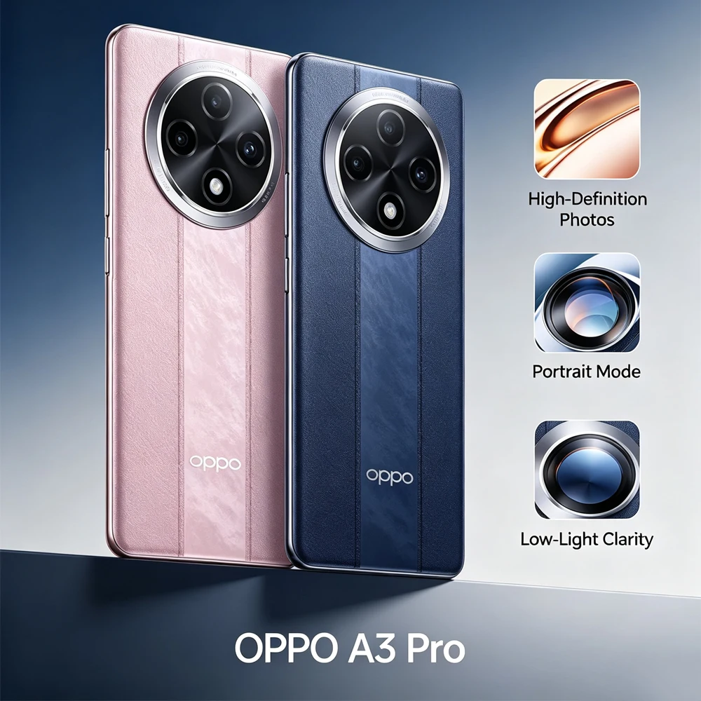 2026 NEW Original OPPO A3 Pro Mobile Phone Leather‑like Back 6.7" Curved Screen 5000mAh Battery 64MP Camera IP54 Smartphone