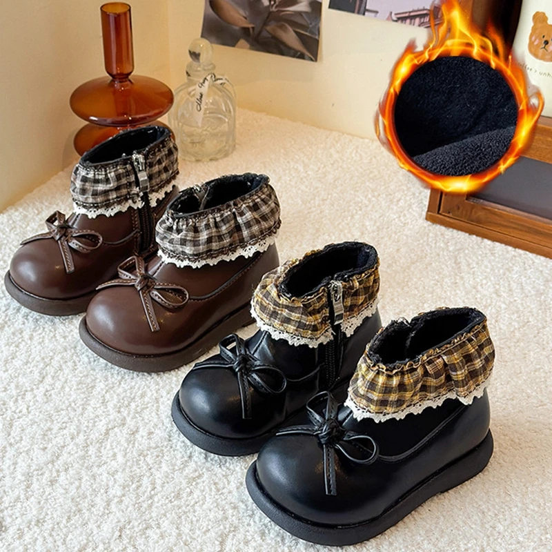 Toddler Girls Bow & Plaid Lace Decor Ankle Boots Little Kids Side Zipper PU Leather Princess Booties Non-Slip Rubber Sole Boots