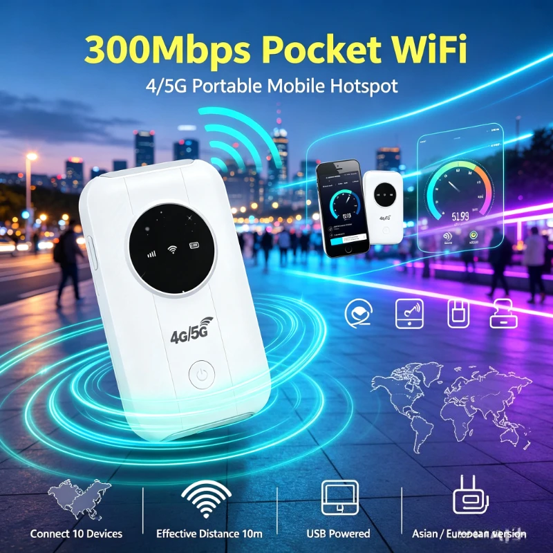 Pocket Mobile Hotspot 300Mbps 4/5G Router, USB Powered Pocket WiFi, Asian & European Version