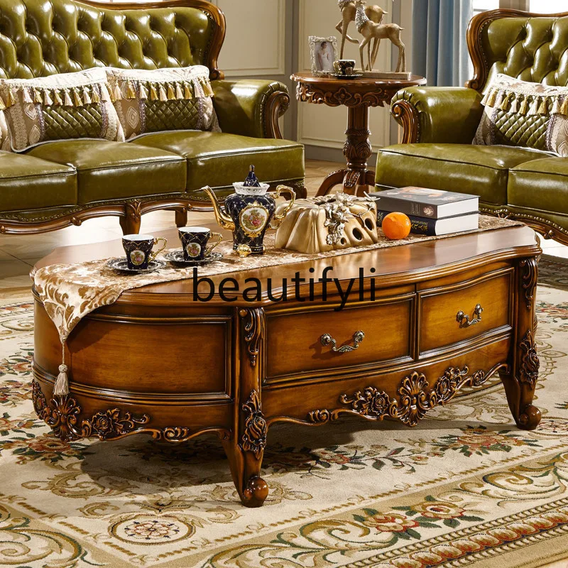 European solid wood coffee table American oval coffee table, retro living room matching TV cabinet combination