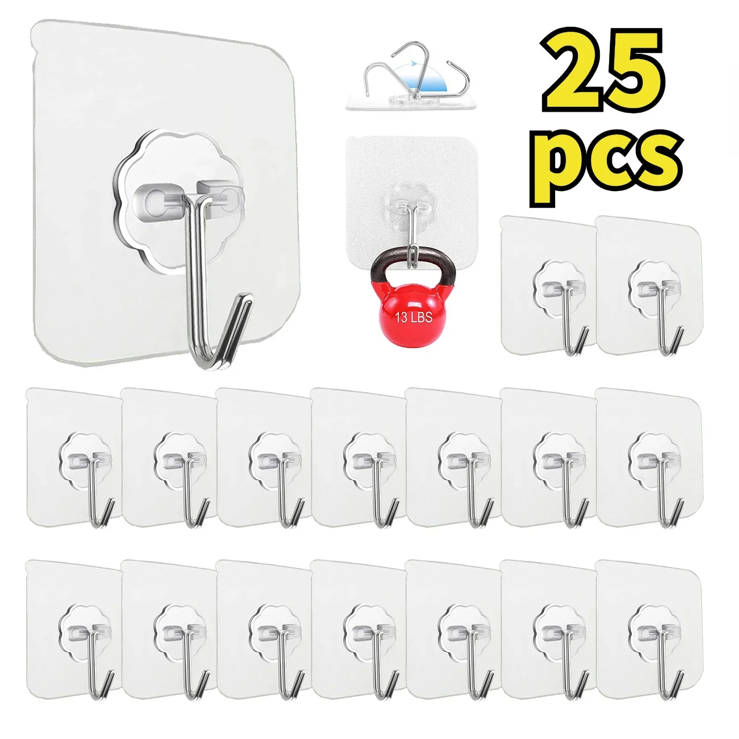 

5-25PCS Transparent Stainless Steel Self-Adhesive Hooks Bathroom Towel Clothes Storage Sticker Hooks Key Hangers Storage